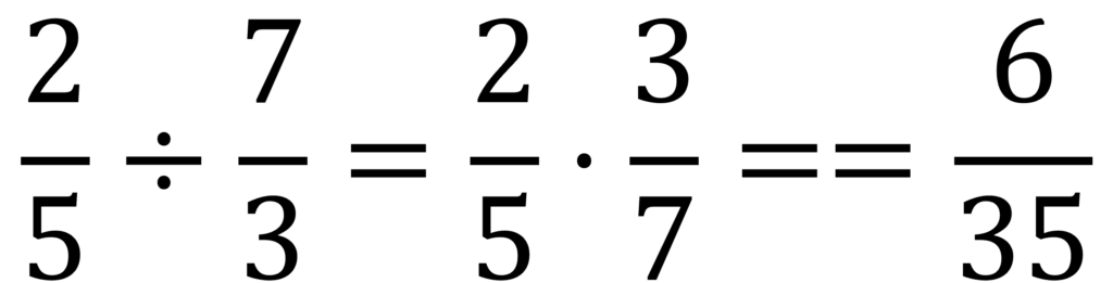 Esempio di Espressioni con frazioni (divisione): 2/5:7/3=2/5*3/7=6/35