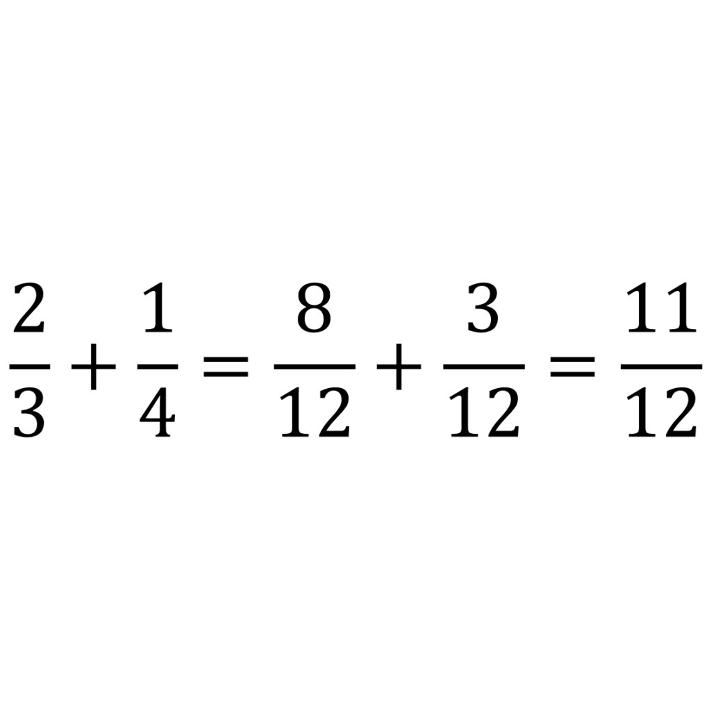 Esempio di Espressioni con frazioni (diverso denominatore): 2/3+1/4=8/12+3/12=11/12