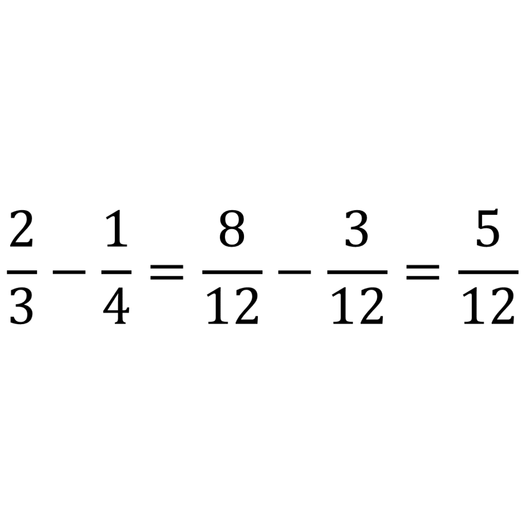 Esempio di Espressioni con frazioni (diverso denominatore): 2/3-1/4=8/12-3/12=5/12